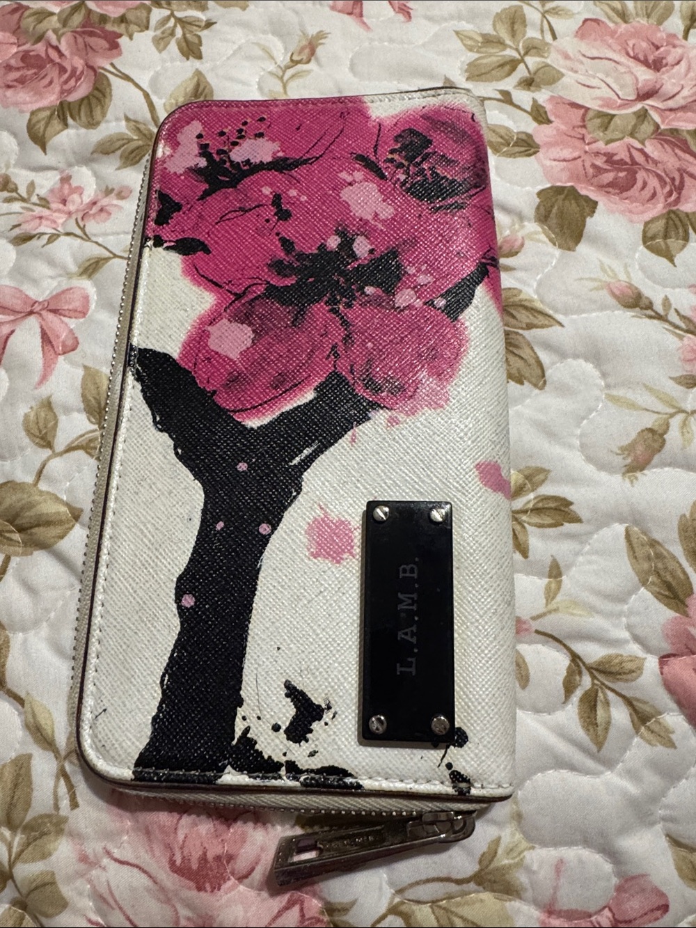 L.A.M.B. Pink & Black Floral Zip Wallet